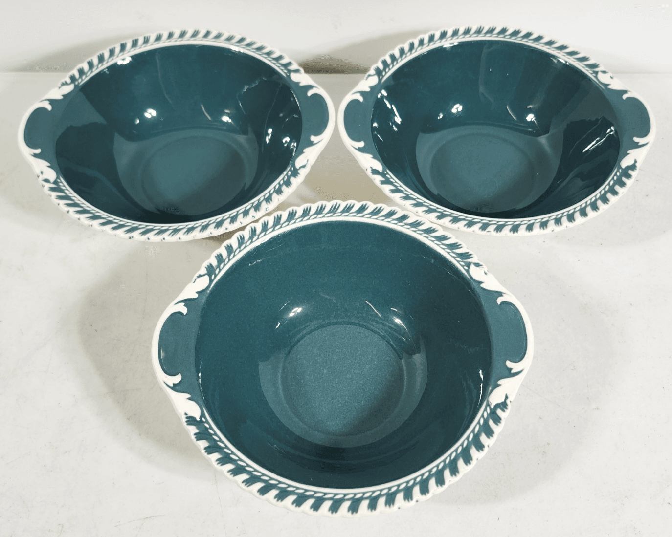 Vintage 1950s Harker Corinthian Teal Green 6" Lugged Cereal Bowls Set of 3
