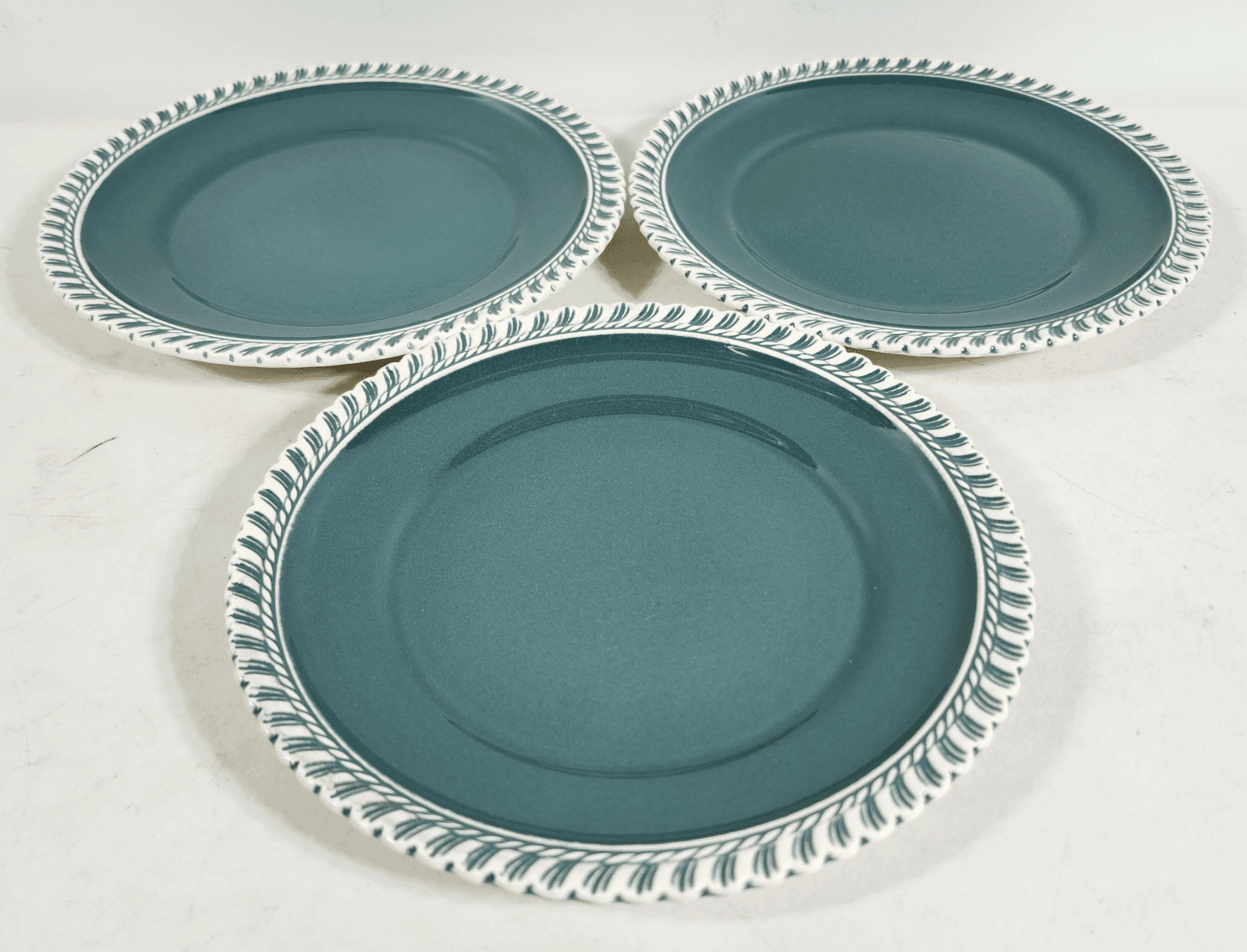 3 Harker Ware Dark Teal Green Bread Plates With White Edge 7.25"