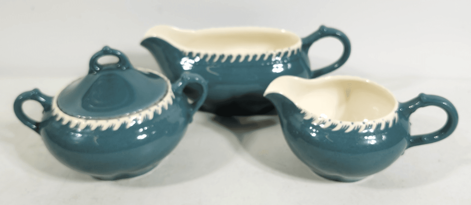 Antique Harker Ware Pottery Cream And Sugar W/Lid Teal Green