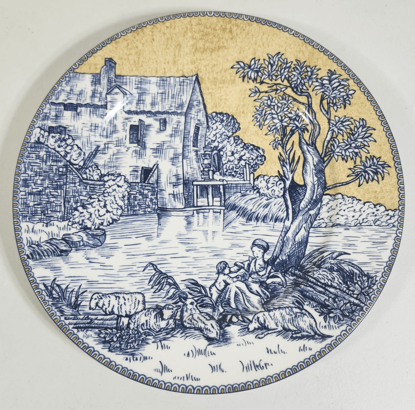 American Atelier English Toile Grist Mill Dinner Plate Blue Yellow 10.75"