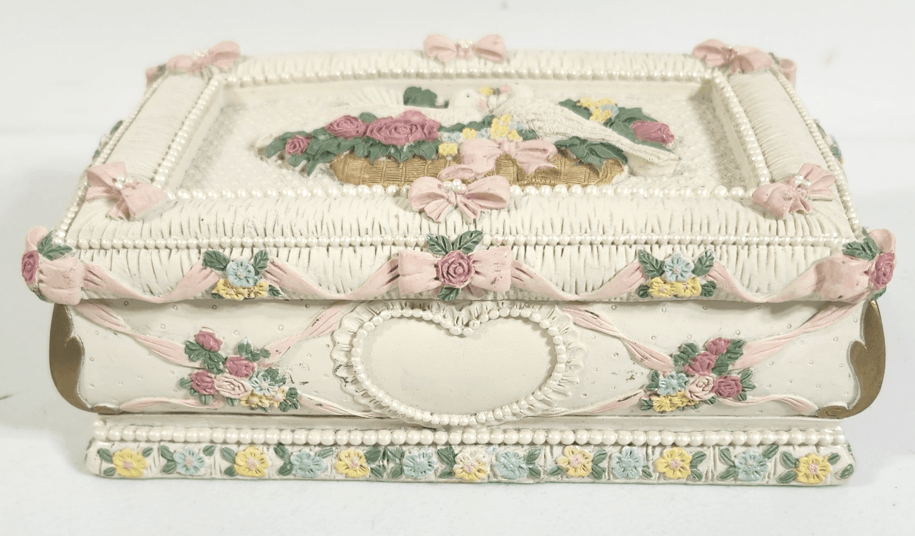 Vintage Jewelry Box Decorated Flowers Floral Ribbons Pearls & Doves