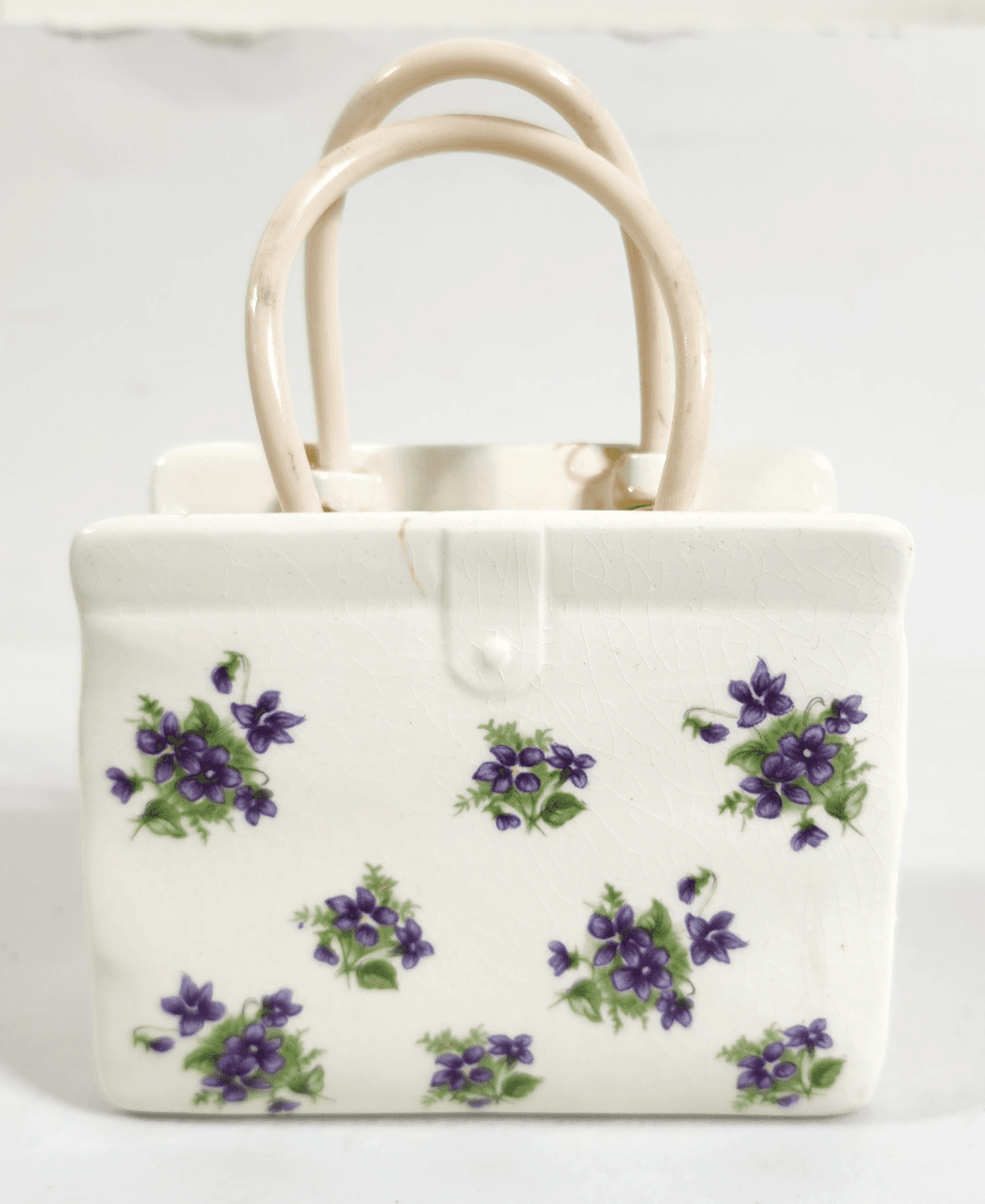 Vintage Lefton Porcelain Shopping Gift Bag Vase Planter W/ Purple Flowers