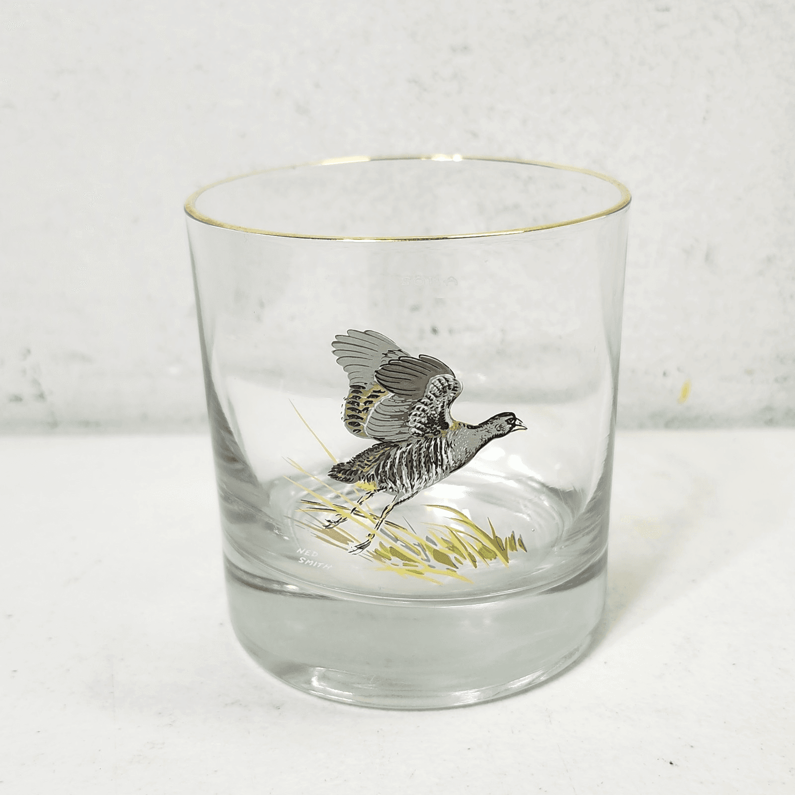Vintage Ned Smith Bird Gold Rim Lowball Glass Sora Home Bar Decor