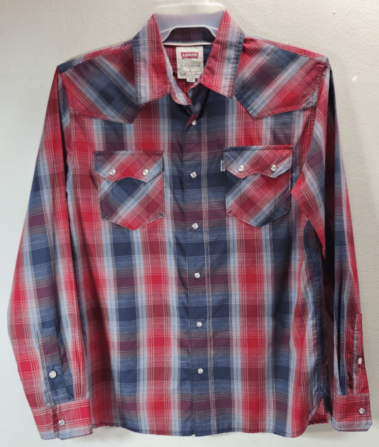 Levi's Western Cowboy Shirt Mens Small Pearl Snap Long Sleeve Red Blue Plaid