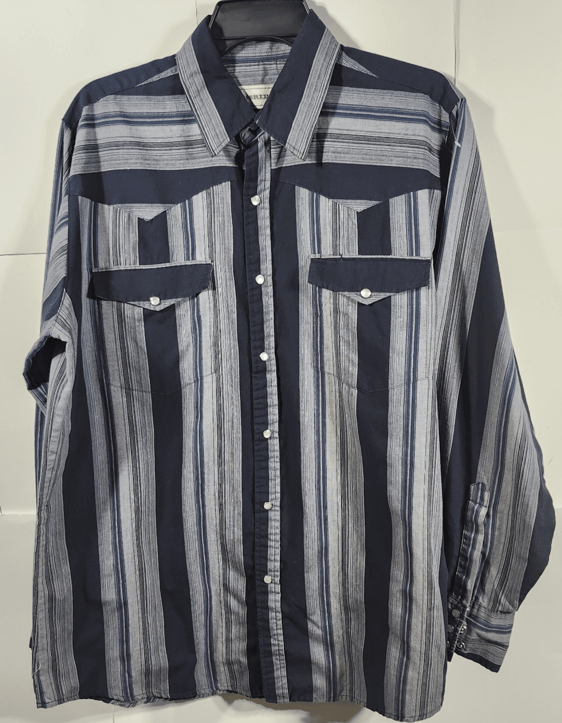 Bit & Bridle Shirt Men's Large Pearl Snap Long Sleeve Western Striped Blue Gray
