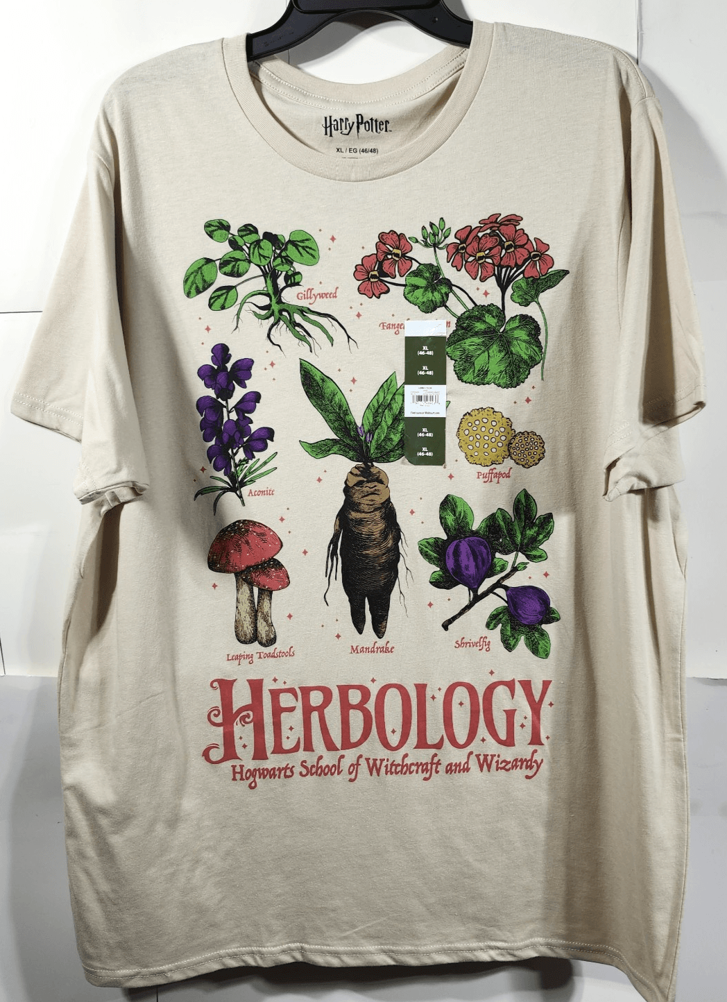 Harry Potter Men's XL Hogwarts Herbology Beige Cotton Graphic T-Shirt NEW