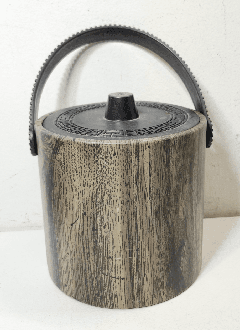 Vtg MCM Phoenixware Ice Bucket Faux Wood Greek Key Design Wine Chiller Barware