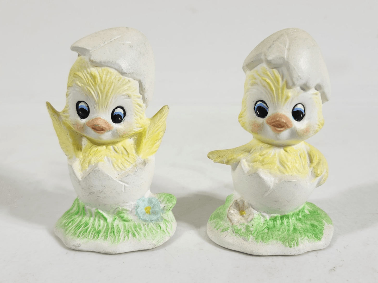 Vintage Set 2 Chicks Figurines Chickens Hatching Hand Painted Eggshells
