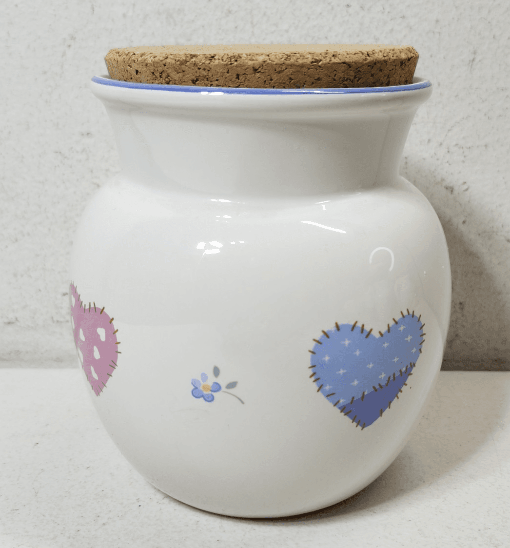 Canister Jar Container W/ Cork Lid Top Flowers & Hearts 5.25" Tall