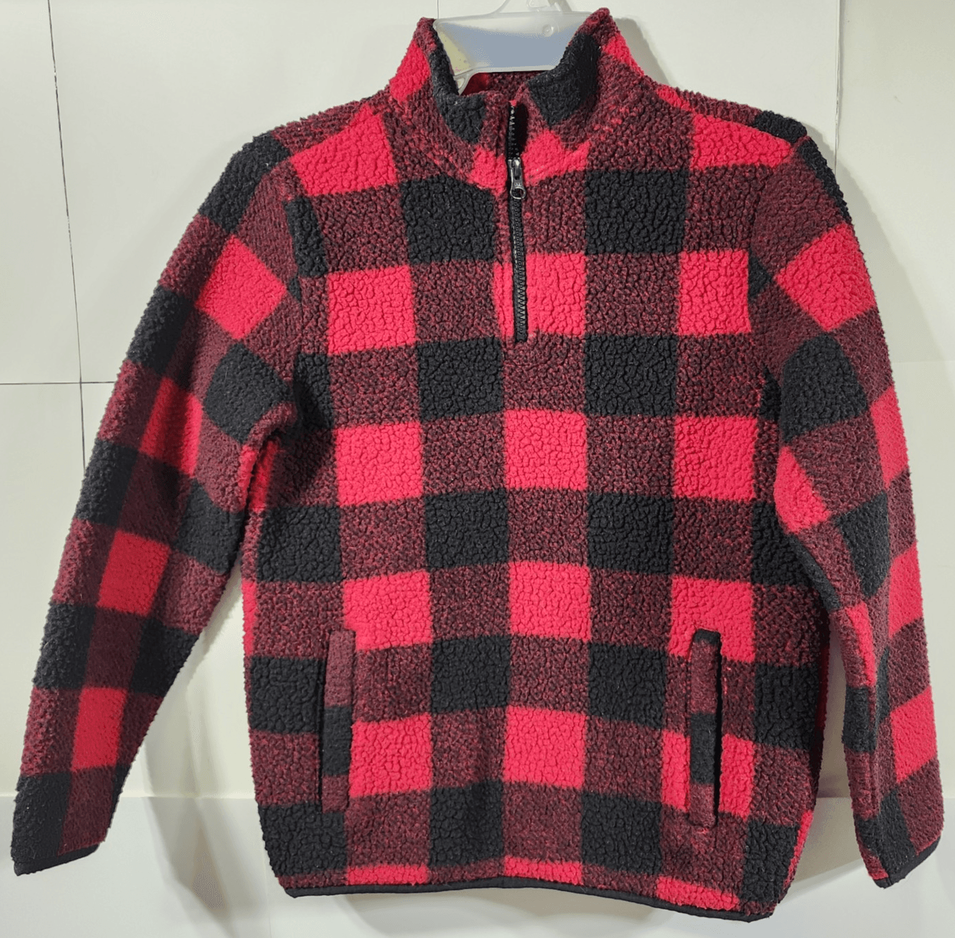 Old Navy Boys Size Large 10-12 Red/Black Buffalo Plaid Sherpa Pullover
