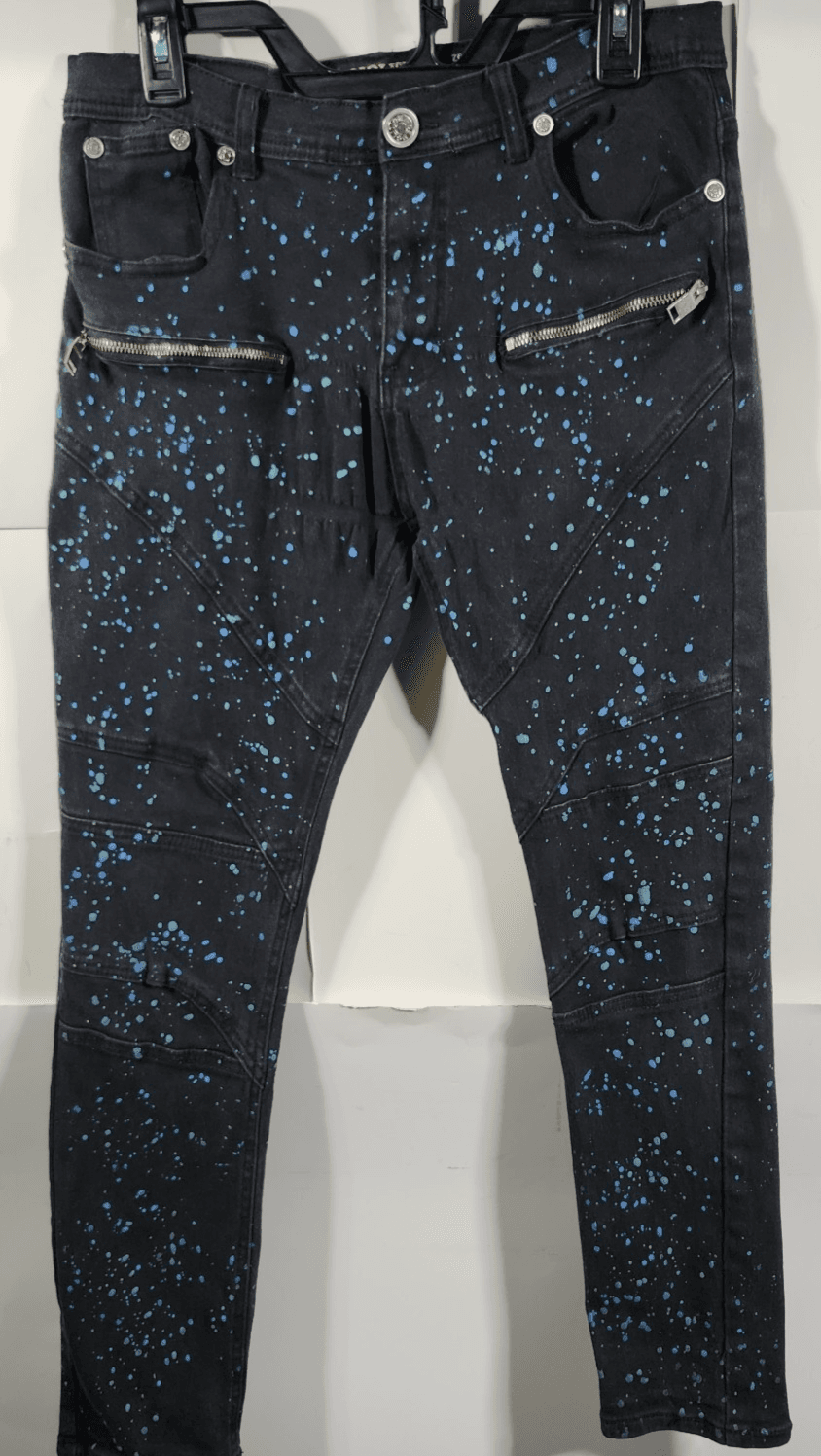 Demolition Mens 38 Jeans Black With Blue Spots Skinny Denim Pants