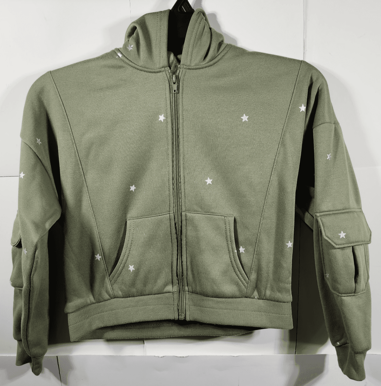 Girls Crop Hoodie L Full Zip Green With Silver Star Pattern Long Sleeve