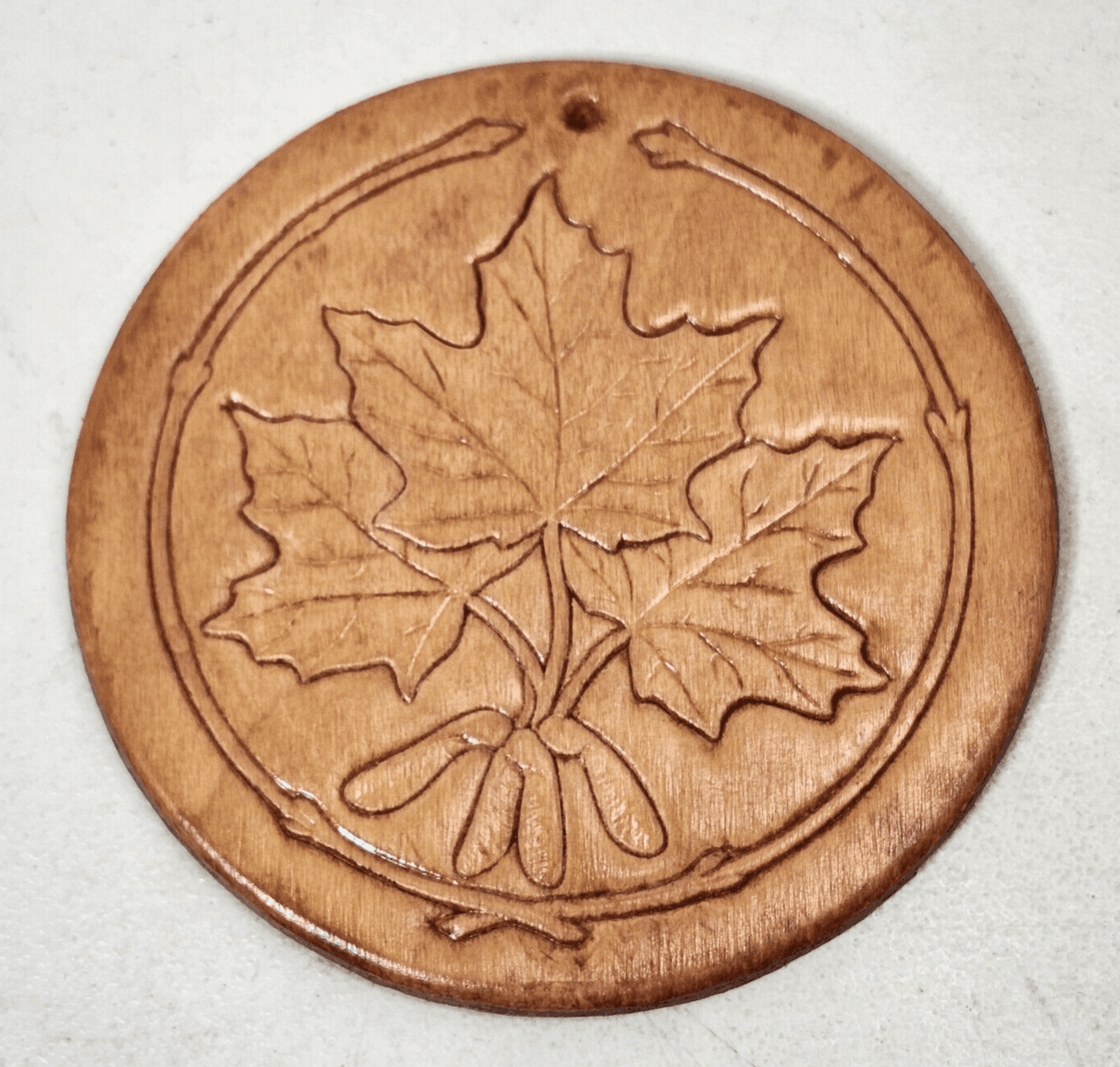 Maple Leaf Design Round Coaster Home Bar Decor Vintage Wood Made In Canada