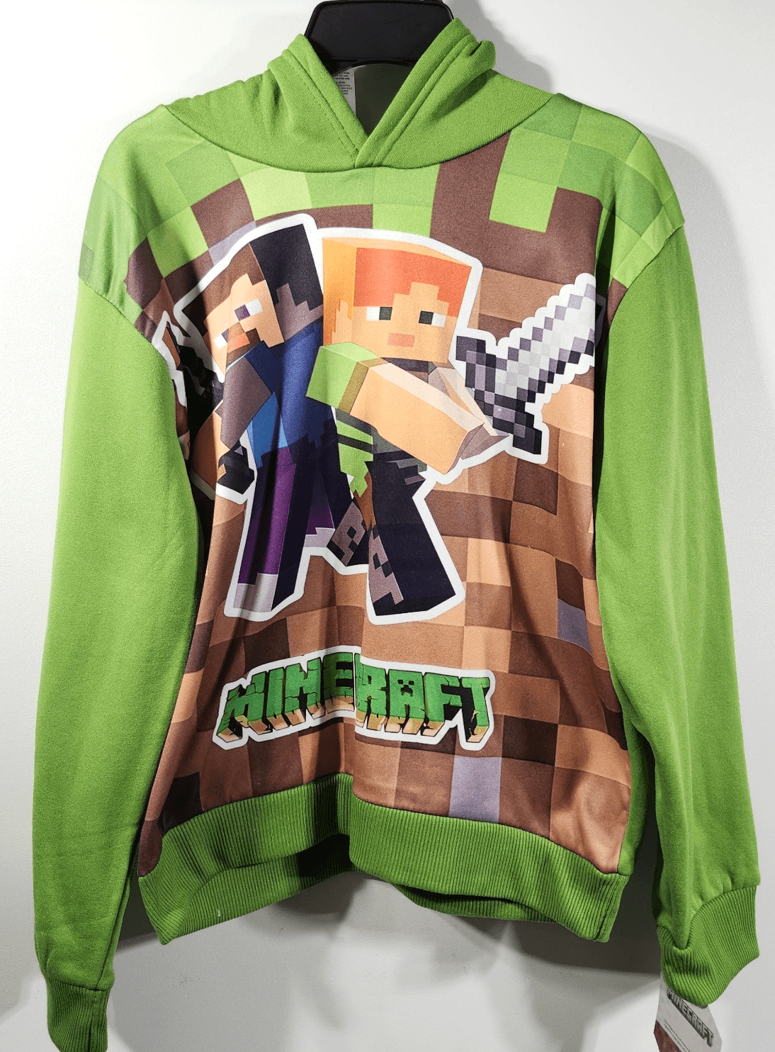 Minecraft Boy's Large Hoodie Green Long Sleeve Pullover Hooded Sweatshirt NEW