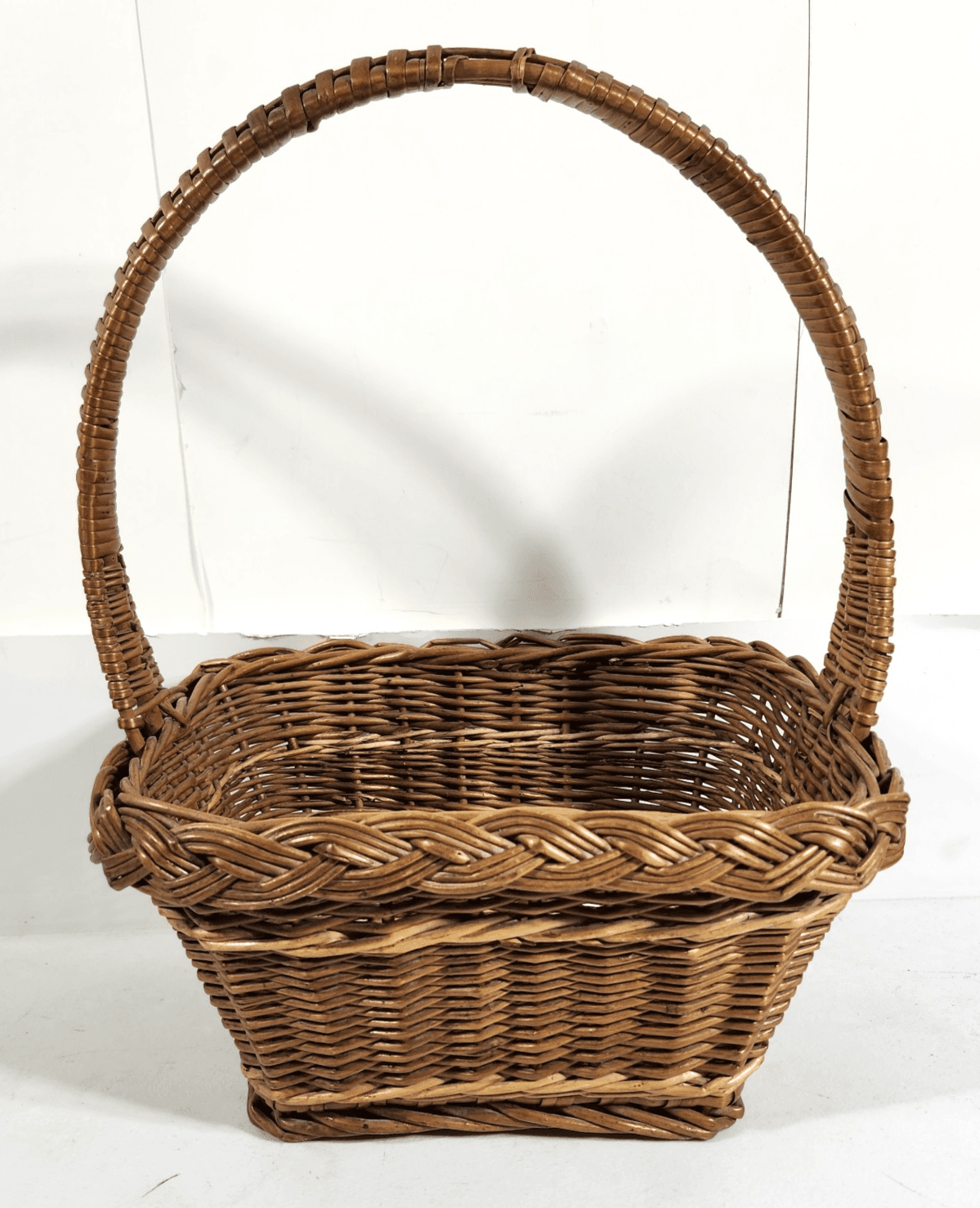 Vintage Wicker French Country Farm Market Basket Woven Cane Handle Rectangle