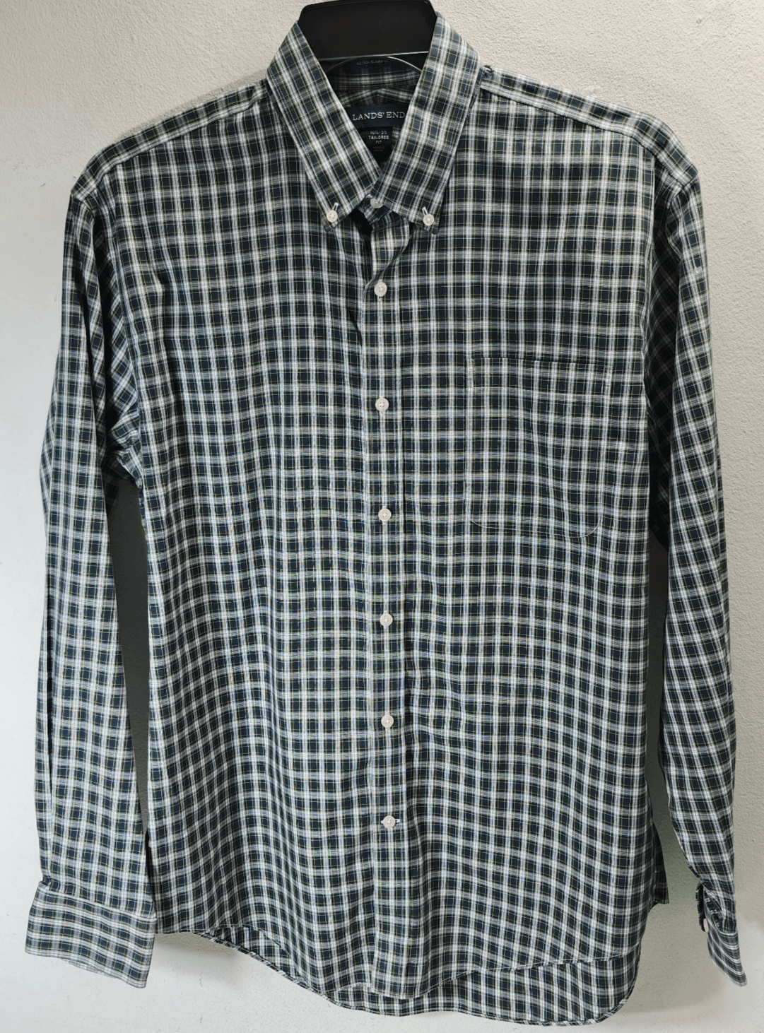 Lands End Mens Large 16 1/2 Dress Shirt Button Up Green Plaid Tailored Fit