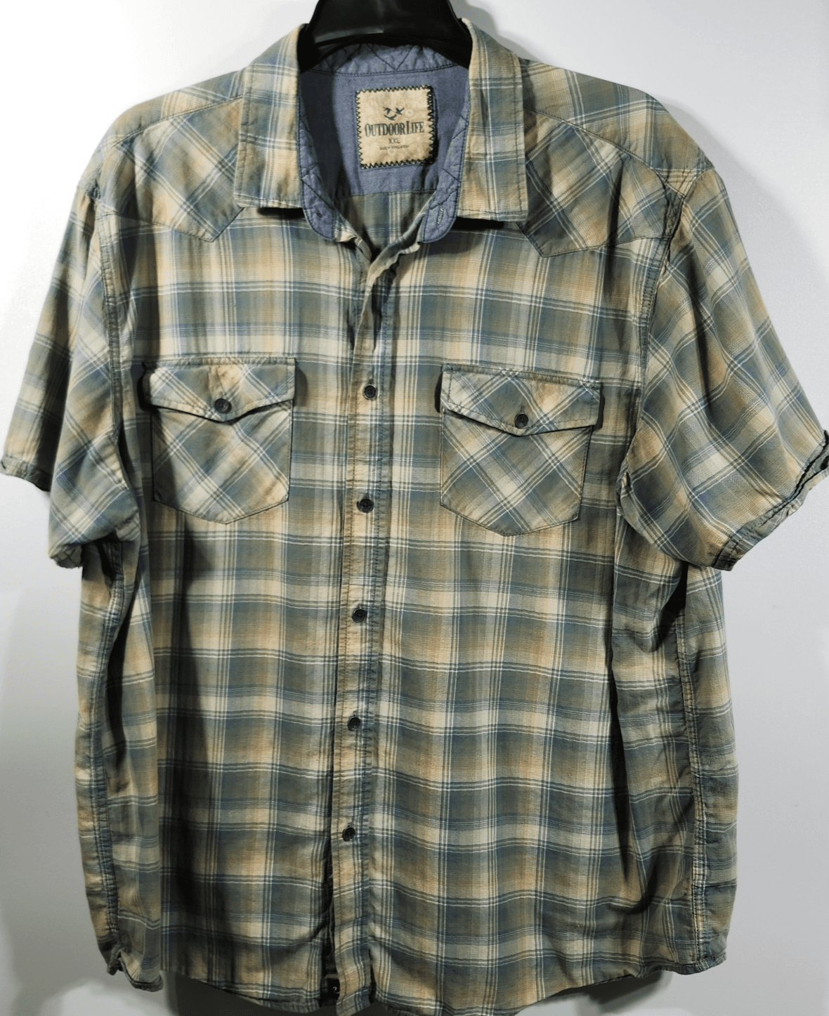 Outdoor Life Men's XXL Button Up Short Sleeve Plaid Shirt Green Yellow