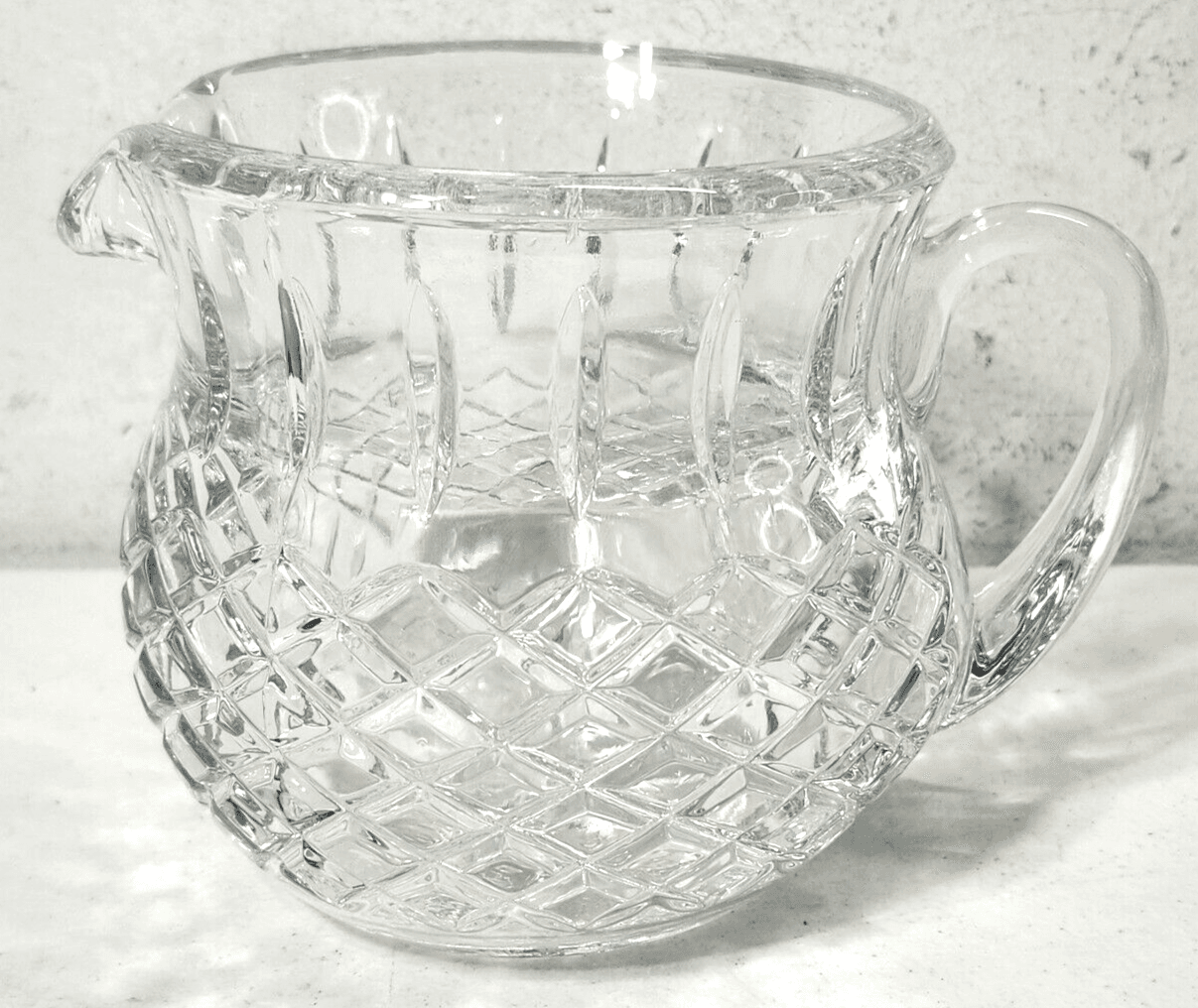 Heavy Prescut Clear Glass 5” Pitcher Diamond Pattern 16 oz Home Decor