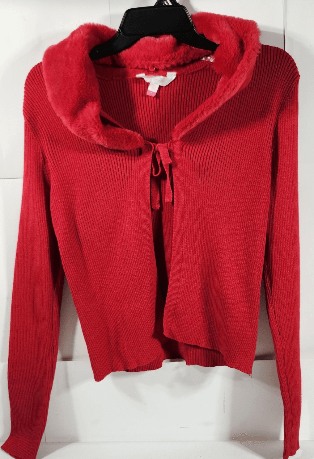 Women's No Boundaries XL Detachable Faux Fur Collar Cardigan Sweater Red NEW