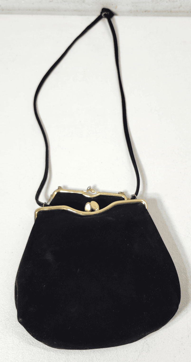 Vintage Rosenfeld Handbag Black Brushed Suede Gold Frame W/Mini Coin Purse