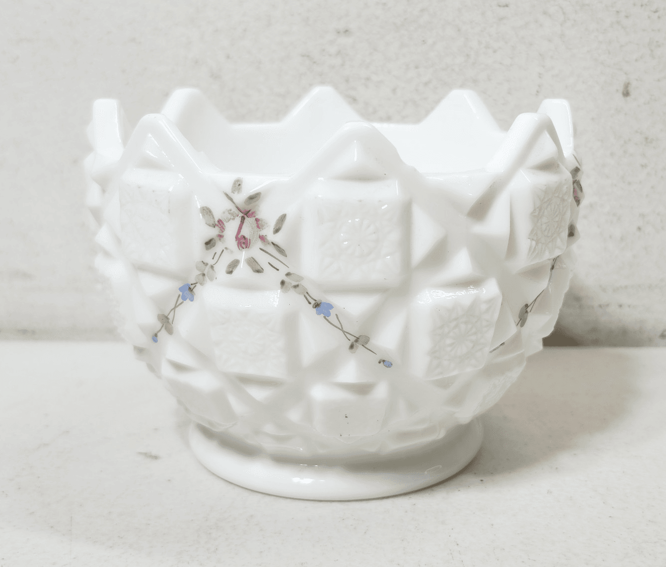 Westmoreland Vintage Milk Glass Bowl “Old Quilt” Hand Painted Candy Trinket Dish
