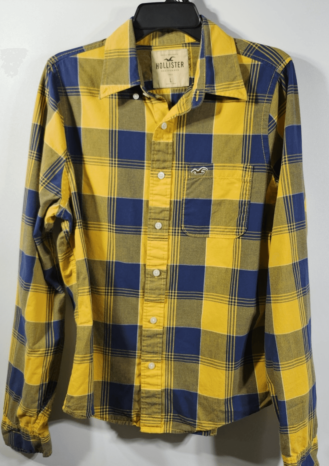 Hollister Shirt Men's L Button Down Blue Yellow Plaid Long Sleeve