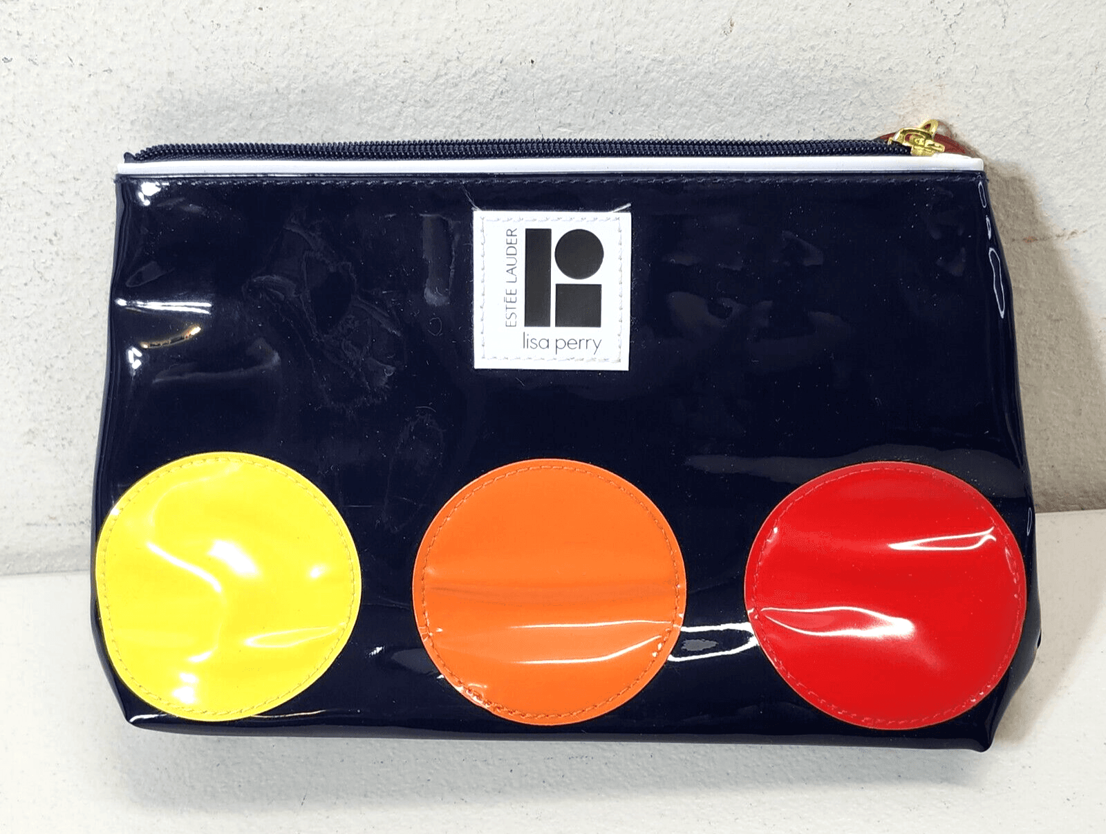 Estee Lauder Lisa Perry Vinyl Navy Blue Polka Dot Makeup Cosmetic Bag