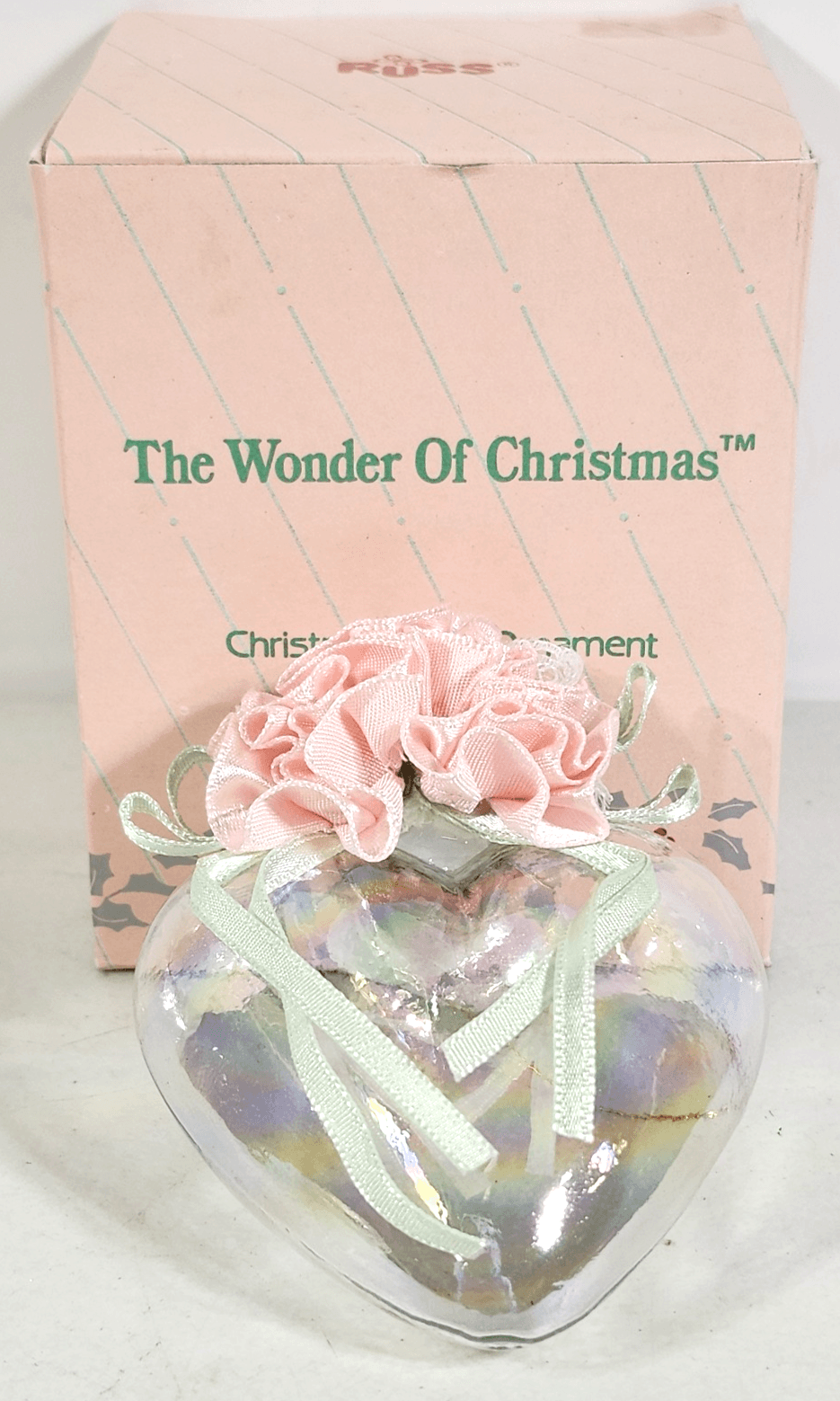 Vintage Russ Wonder Of Christmas Glass Heart Ornament Holiday Tree Decor
