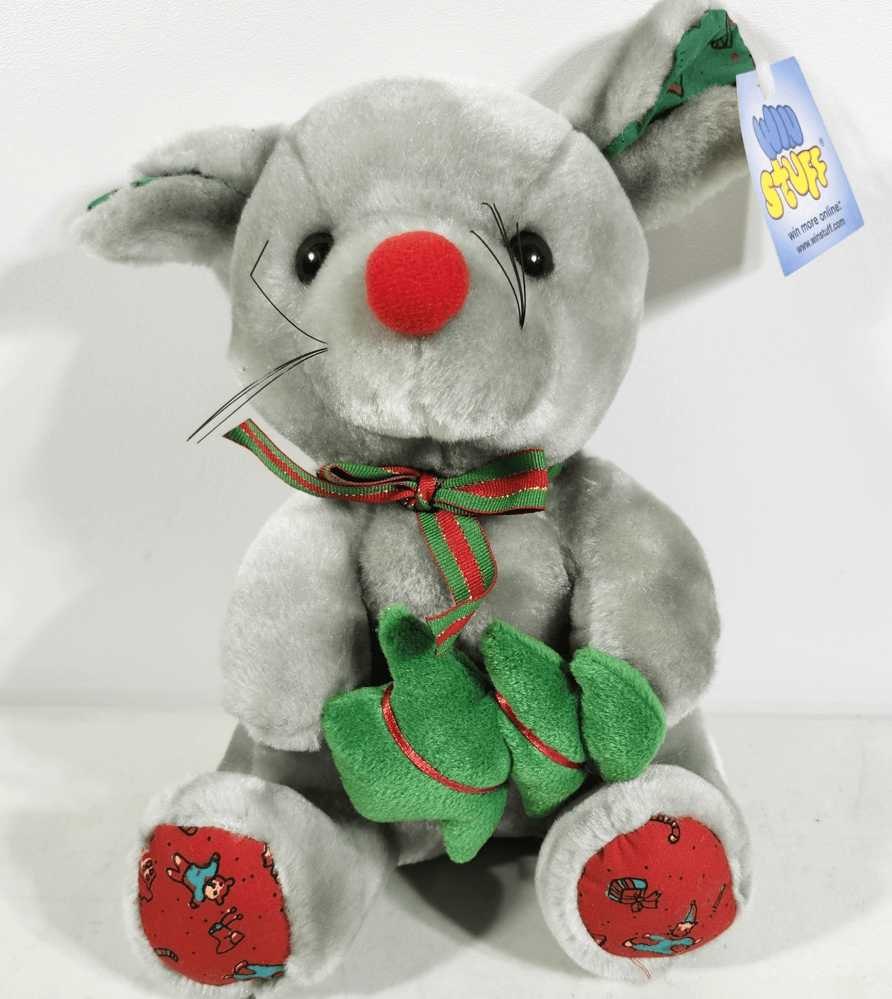 Holiday Gray Mouse Stuffed Plush Animal Holding Christmas Tree 12"