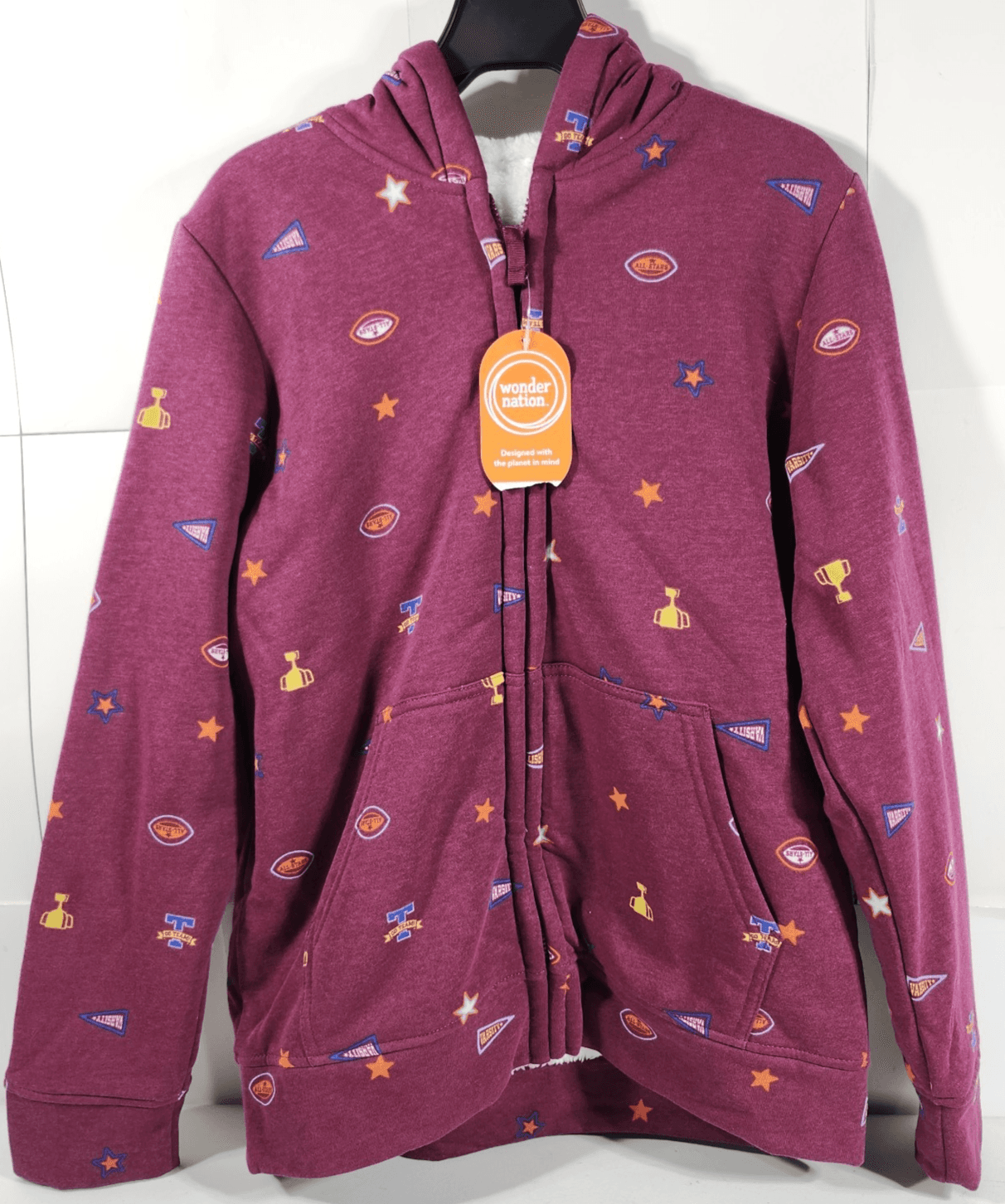 Wonder Nation Boy's Full Zip Hoodie W/Faux Shearling Lining Size XL Red NEW
