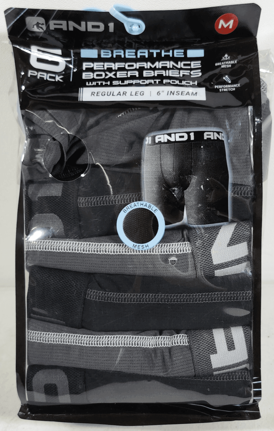 AND1 Men's M Breathe Performance Boxer Briefs 6 Pairs Underwear Black Gray NEW