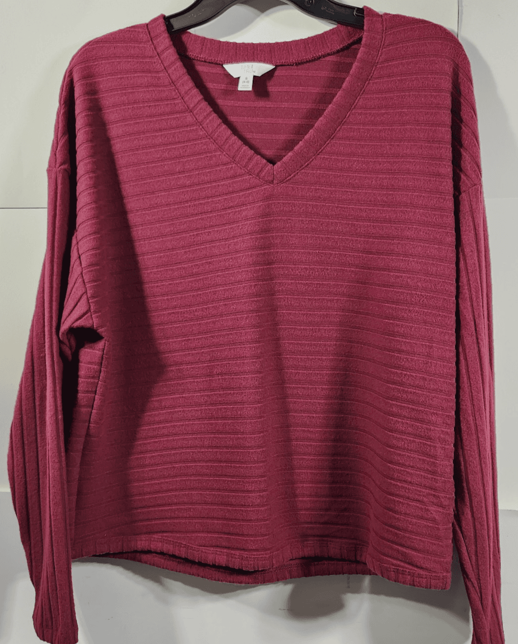 Time and Tru Women's S Shirt Ribbed Hacci V-neck Top Red NEW