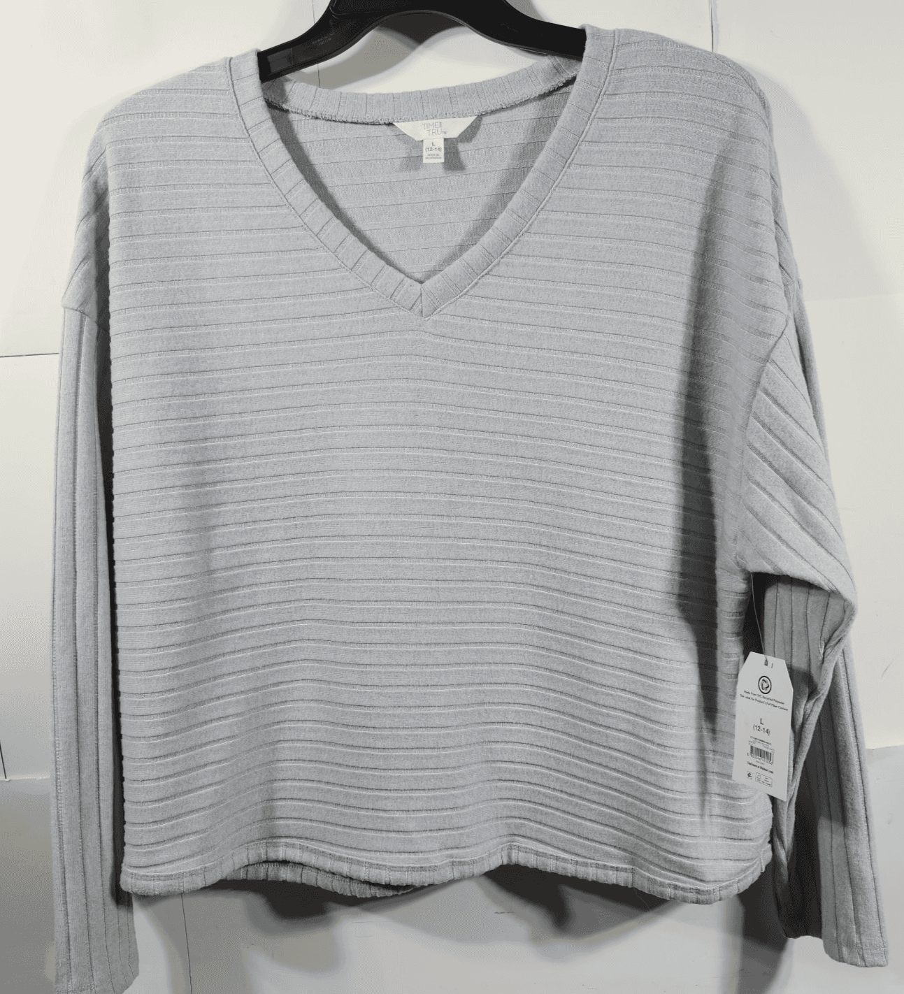 Time and Tru Women's L Shirt Ribbed Hacci V-neck Top Gray NEW