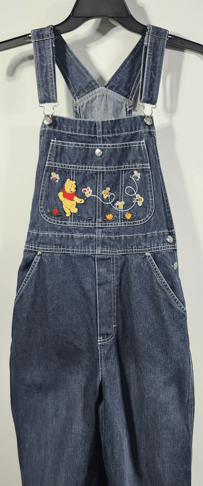 VTG Disney Medium Winnie Pooh Overalls Chasing Bees Flower Y2K Embroidered 90s