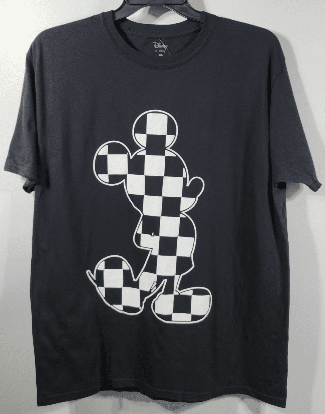 Disney Men's XL T-shirt Mickey Mouse Outline Checkered Black Graphic NEW