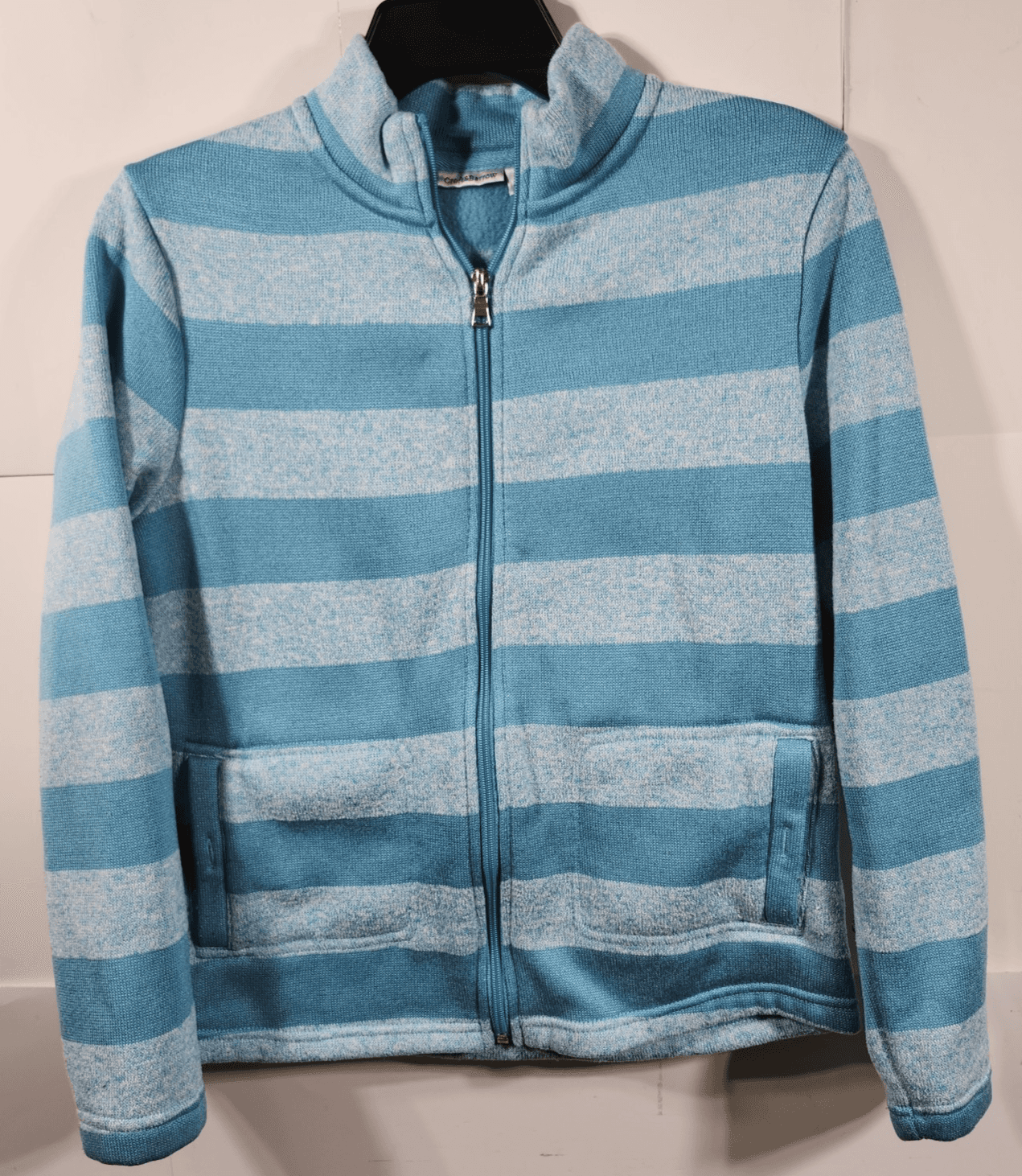Croft & Barrow Womens Petite Small Striped Full Zip Sweater Blue Long Sleeve