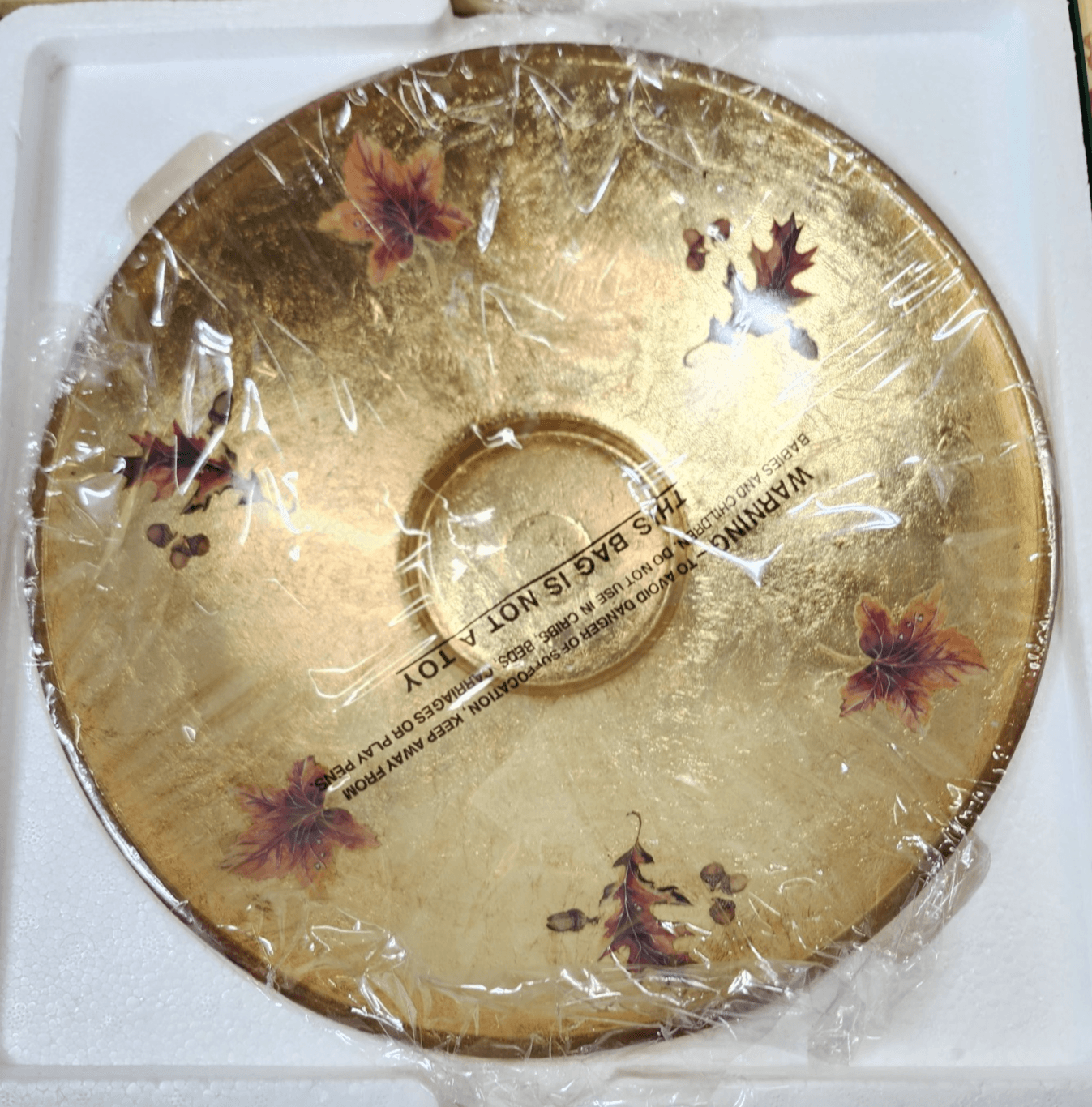 IMS Fall Leaves Gold Glass Bowl Foil Look 11.5" Home Decor NEW