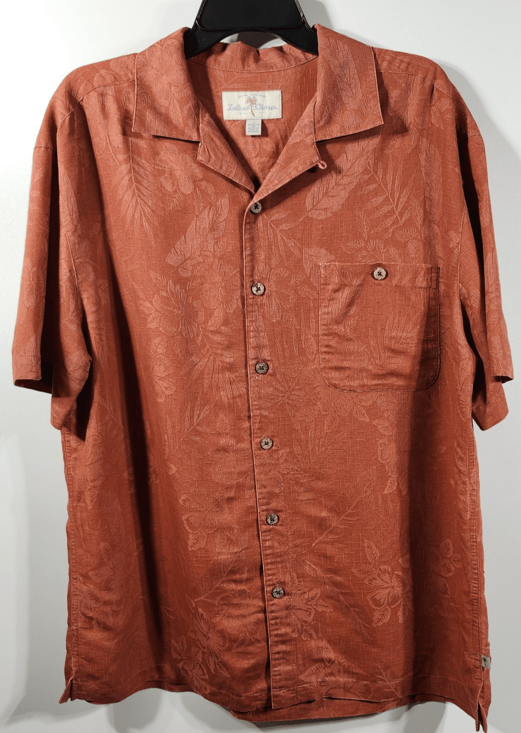 Island Shores Hawaiian Shirt Men's L Floral Collared Button-Up Orange