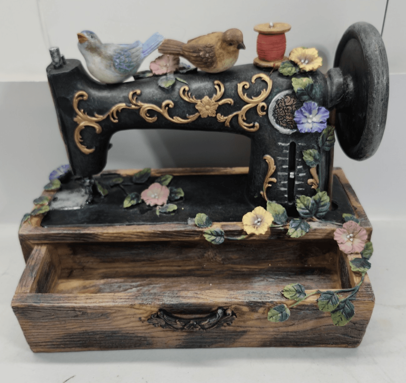 Antique Sewing Machine Display Floral Bird Theme Storage Tray Home Decor