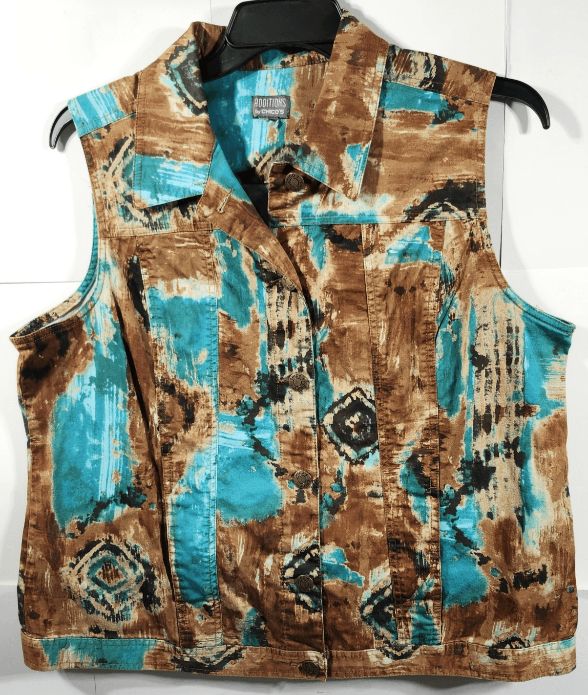 Y2K Abstract Women's Brown Vest Blue Tortoise Prairie Core Additions By Chico's