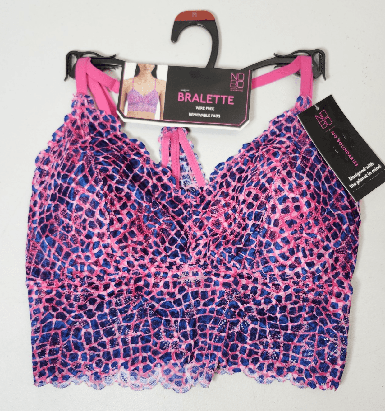 No Boundaries Wirefree Lace Bralette Women's Size Medium Pink Blue Wireless NEW