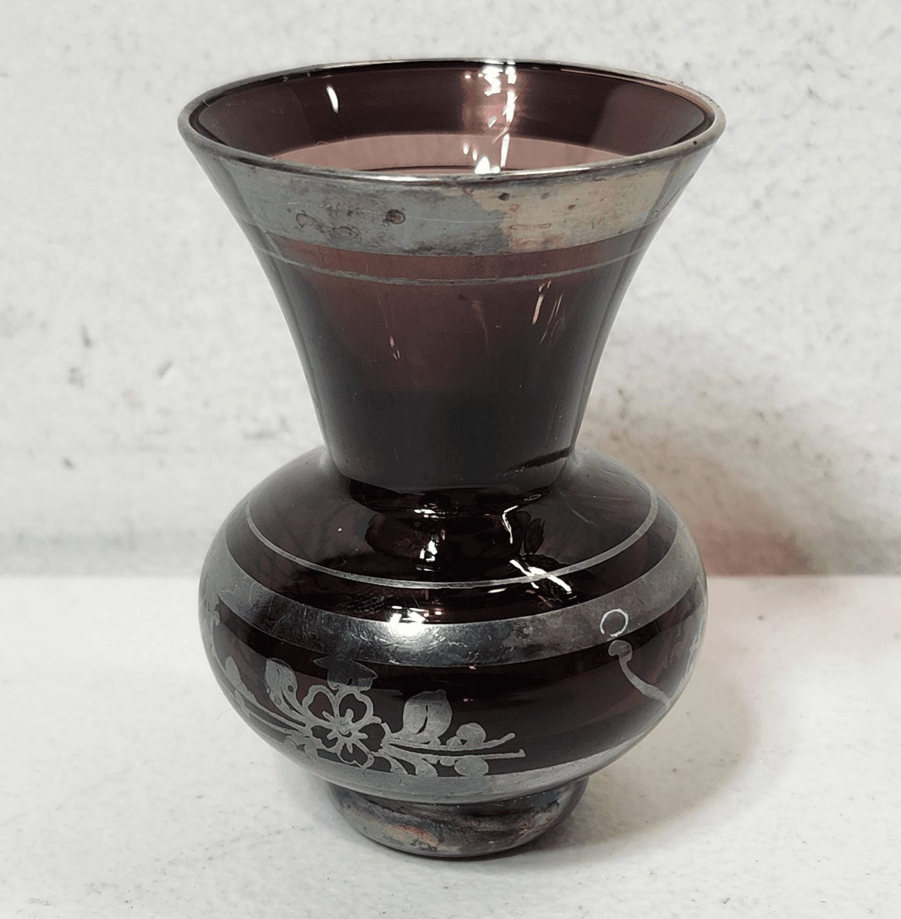 Vintage Venetian Light Purple With Silver Overlay 3.25" Bud Blown Vase