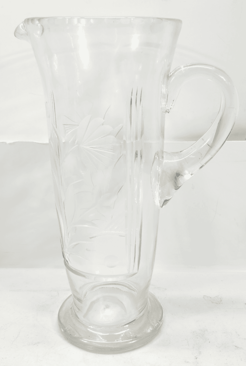 Vintage Glass Pitcher with Etched Leaves 10.75" Tall