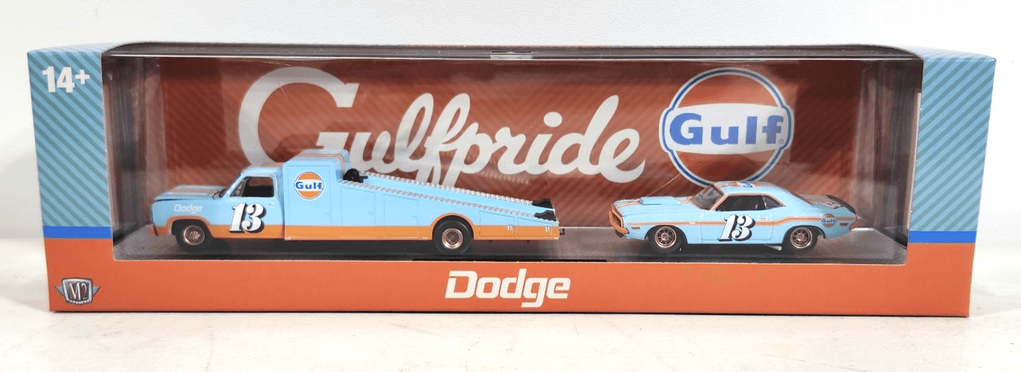 M2 Machines 1974 Dodge Ramp Truck 1970 Dodge Challenger 1/64 Auto Haulers Gulf