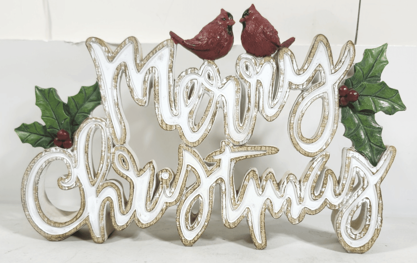 12" Resin Holly Merry Christmas Table Or Shelf Piece W/ 2 Red Cardinals Classic