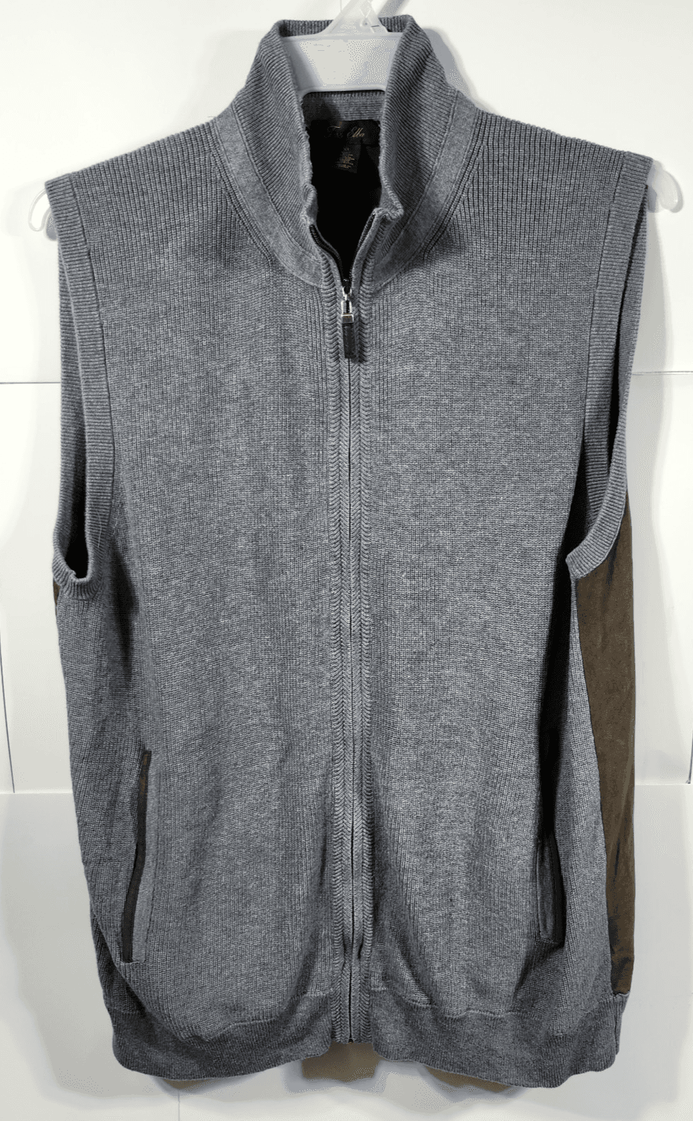 Tasso Elba Men's Vest XL Grey Brown Knit Front Faux Suede Back Pockets Full Zip