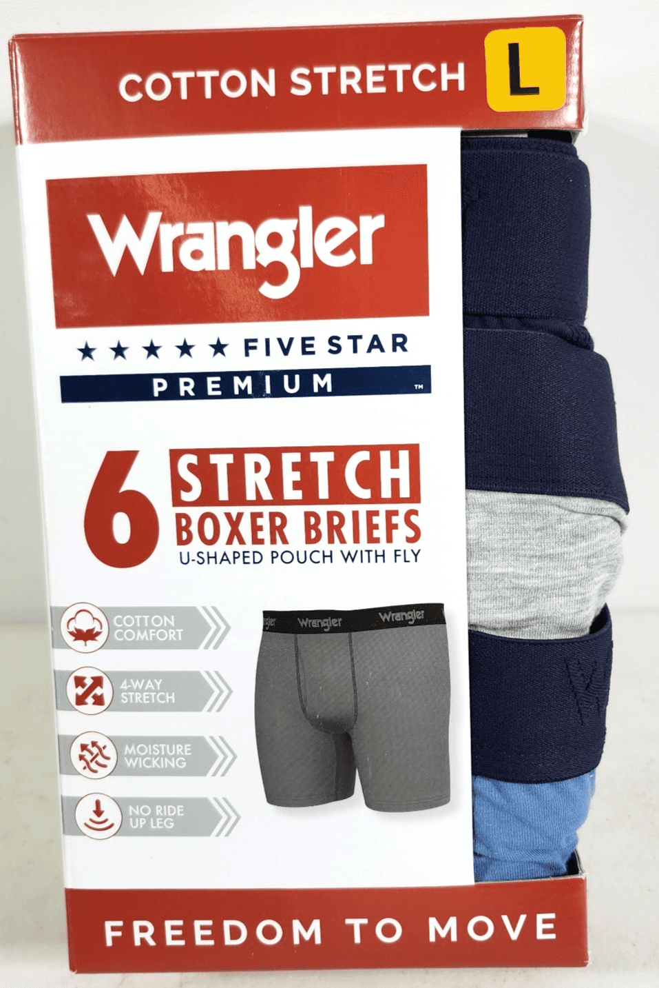 Wrangler Men's Large 6 Pair Boxer Briefs Underwear Stretch Moisture Wicking NEW