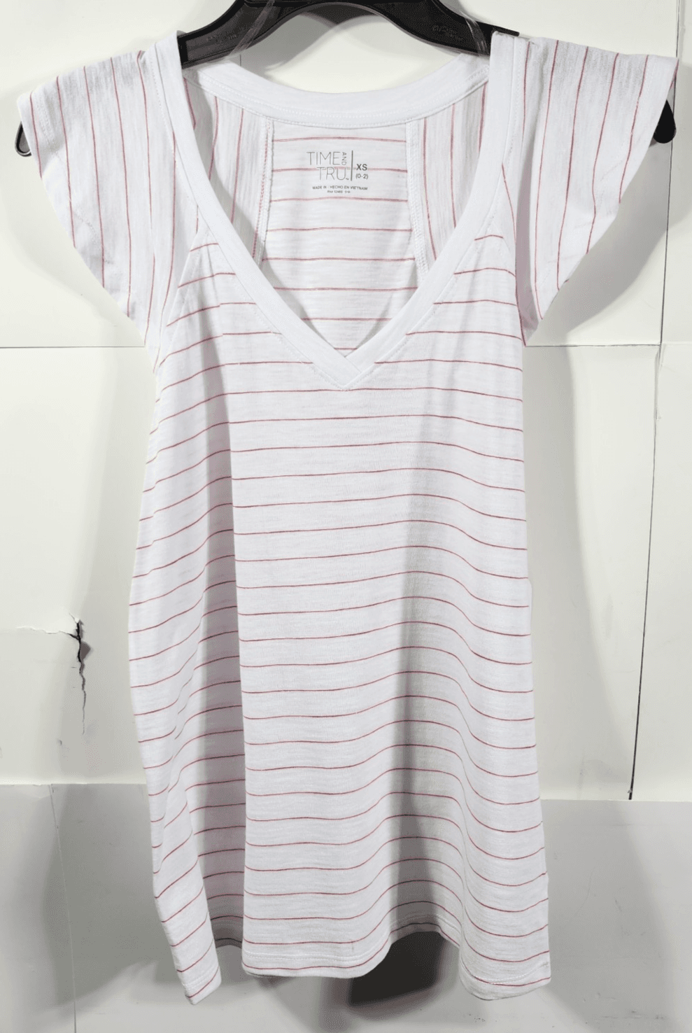 Time and Tru Women’s Shirt XS Raglan V Neck Striped Flutter Sleeve Top NEW