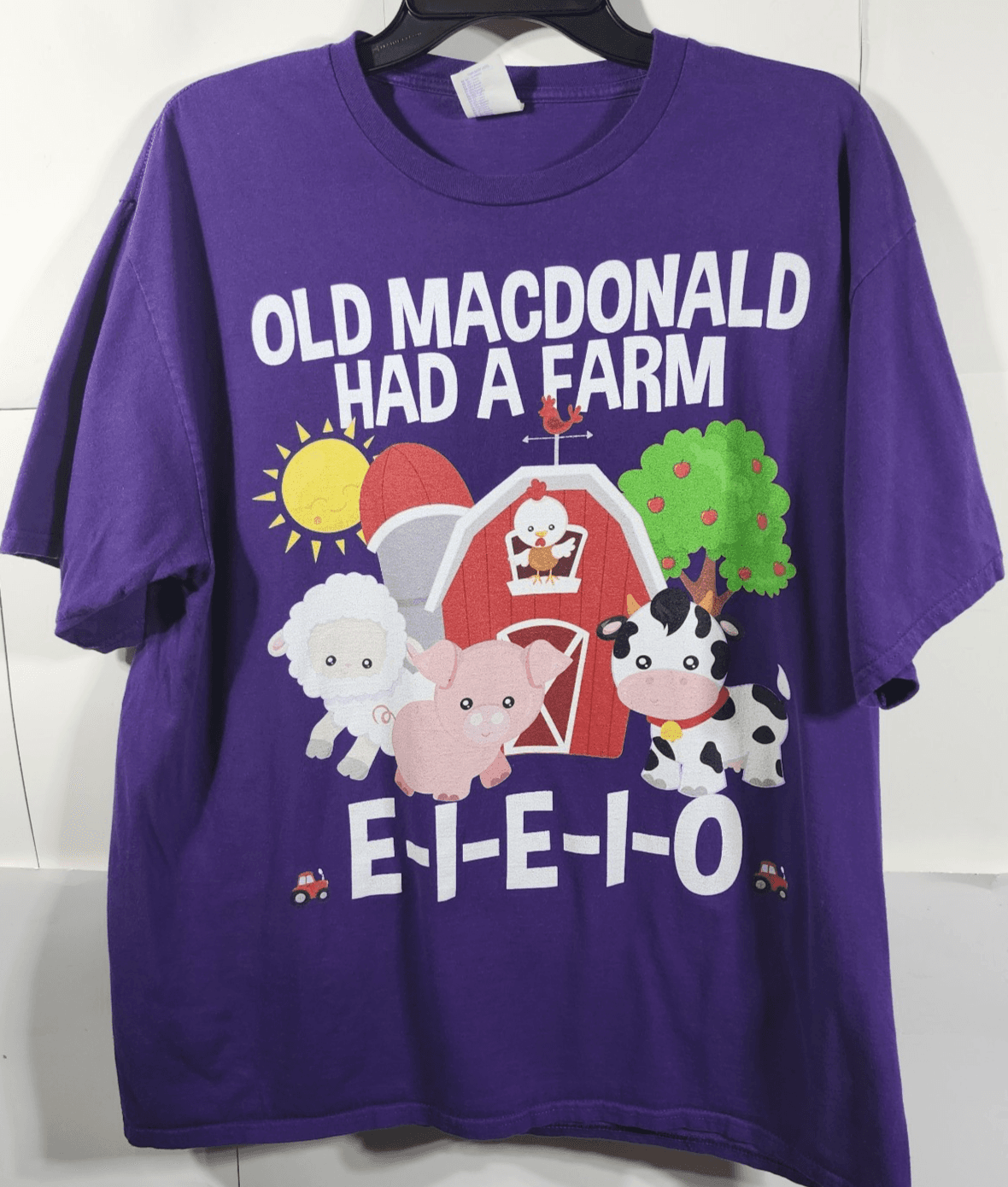 Men's XL Tshirt Old MacDonald Had A Farm Graphic Short Sleeve Purple