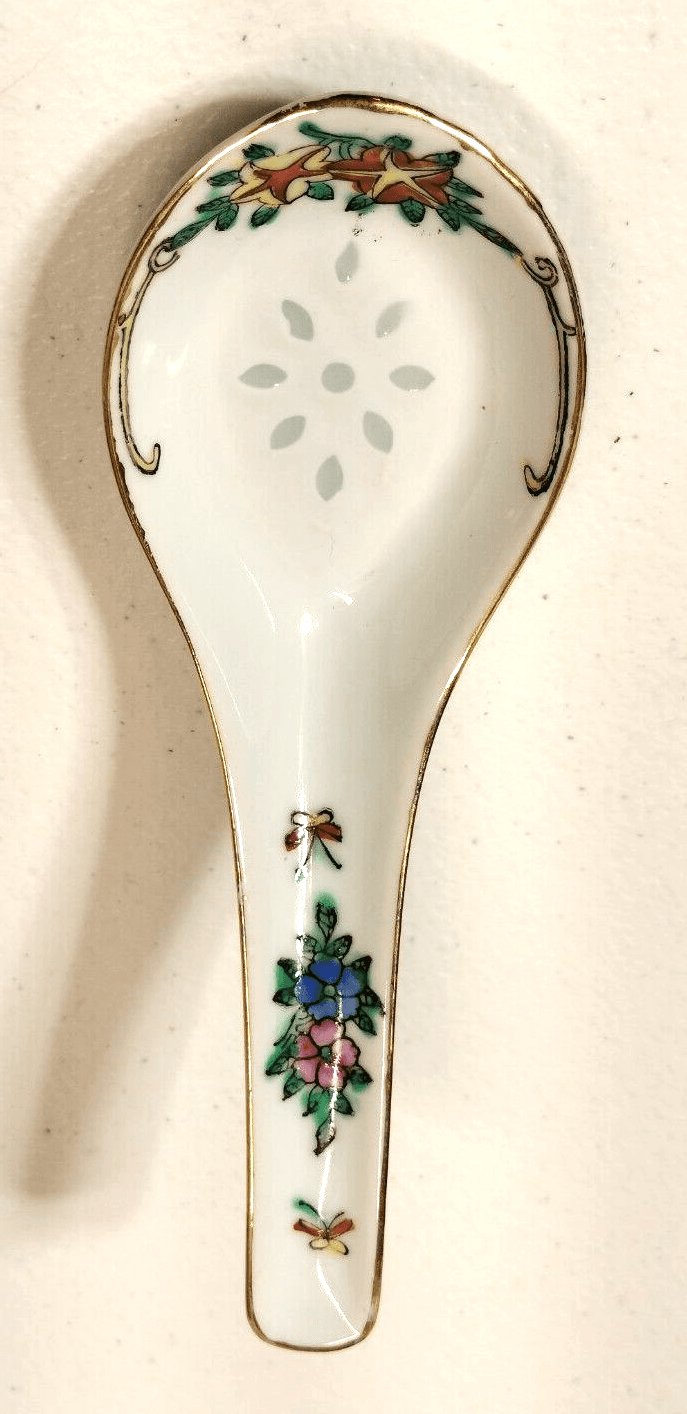 Miso Shiru Soup Spoon Hand Painted Floral Flowers Made In Hong Kong